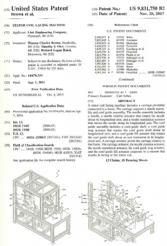 New Stator Coil Lacing Machine Patent